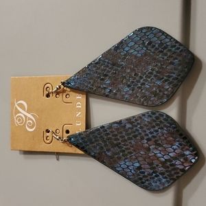 Plunder blue rain drop Faux snake skin fishhook earrings.